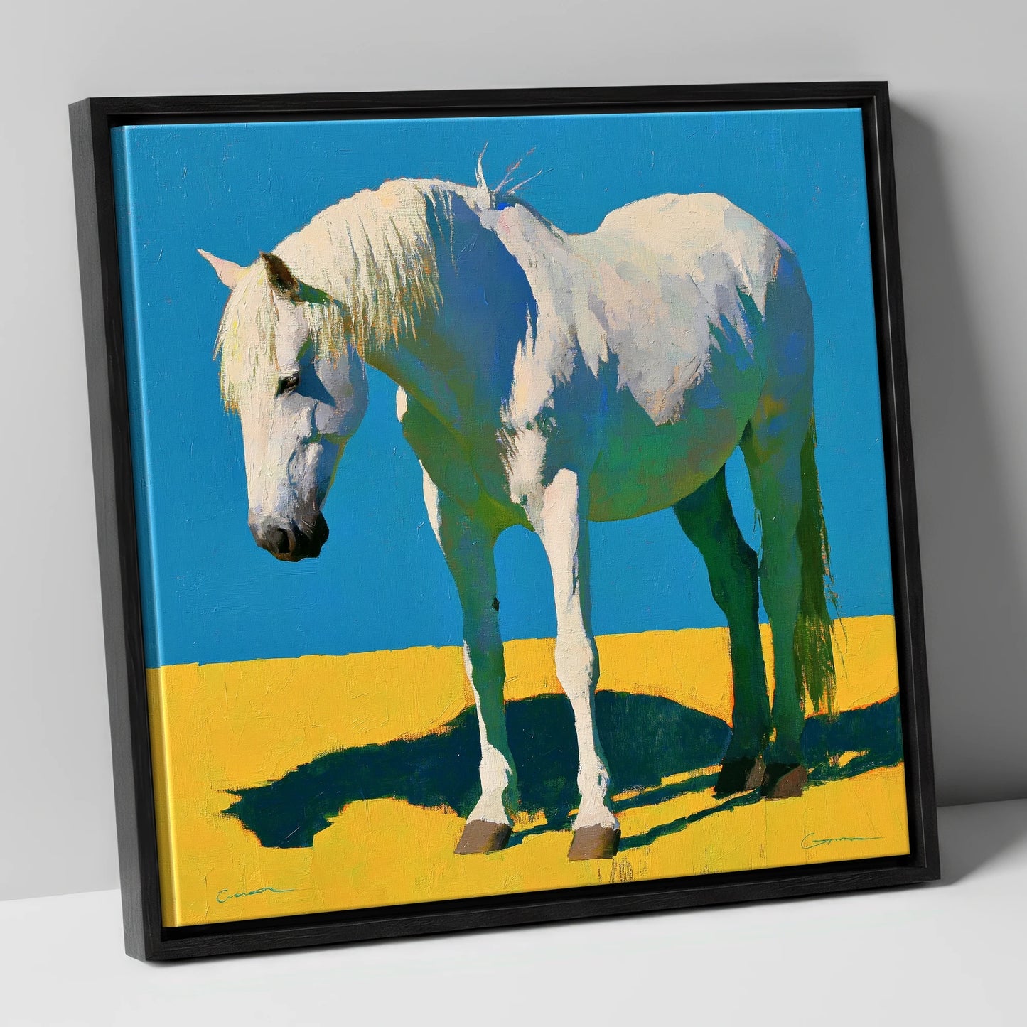 Sunlit Grey Horse Blue Sky horse breed canvas wall art in black frame