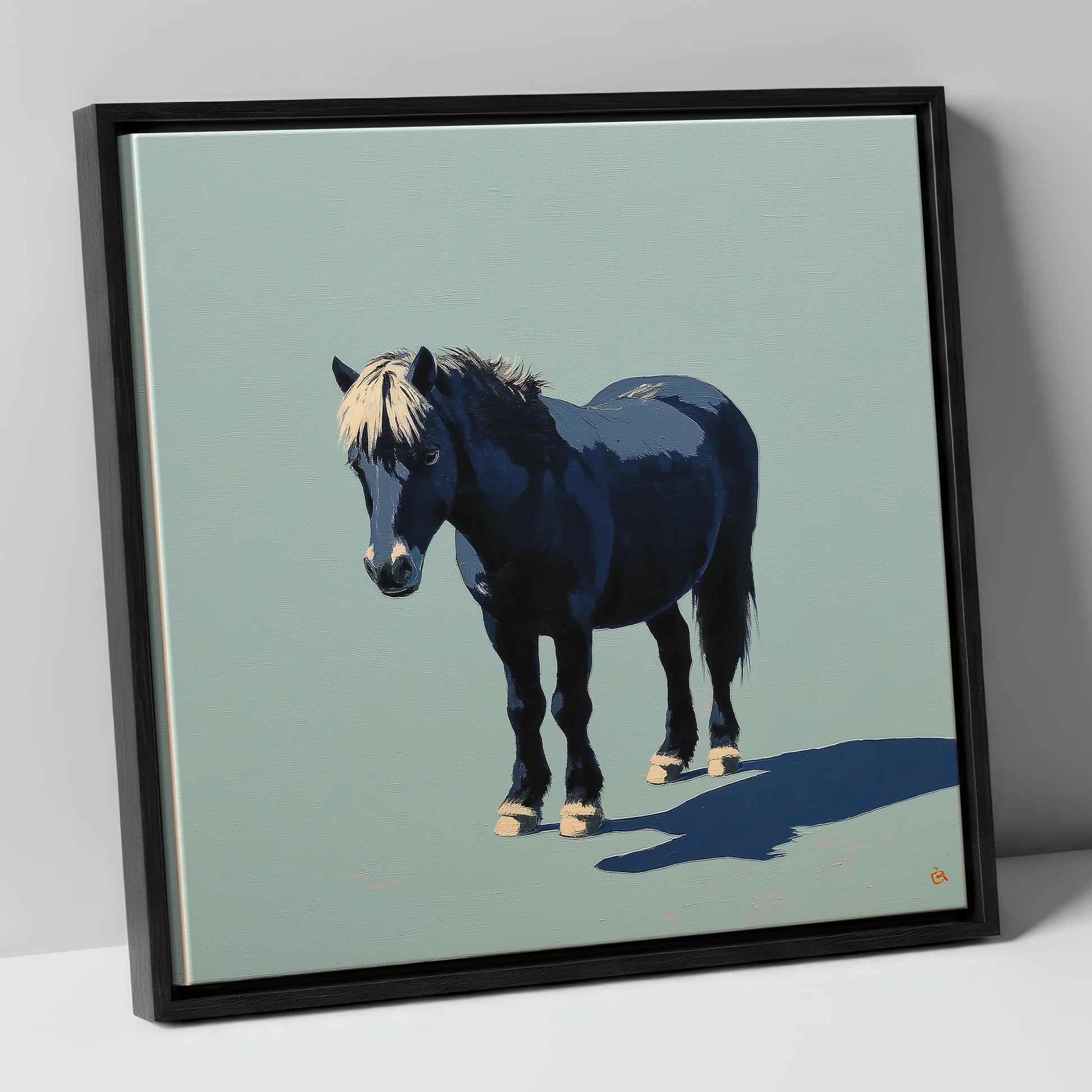 Midnight Blue Pony horse breed canvas wall art in black frame