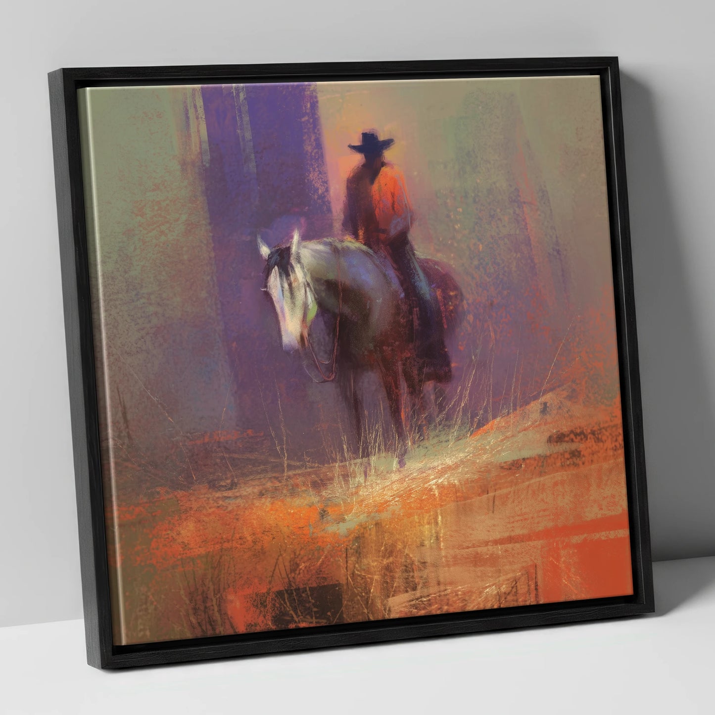 The Solitary Rider western horse canvas wall art in black frame