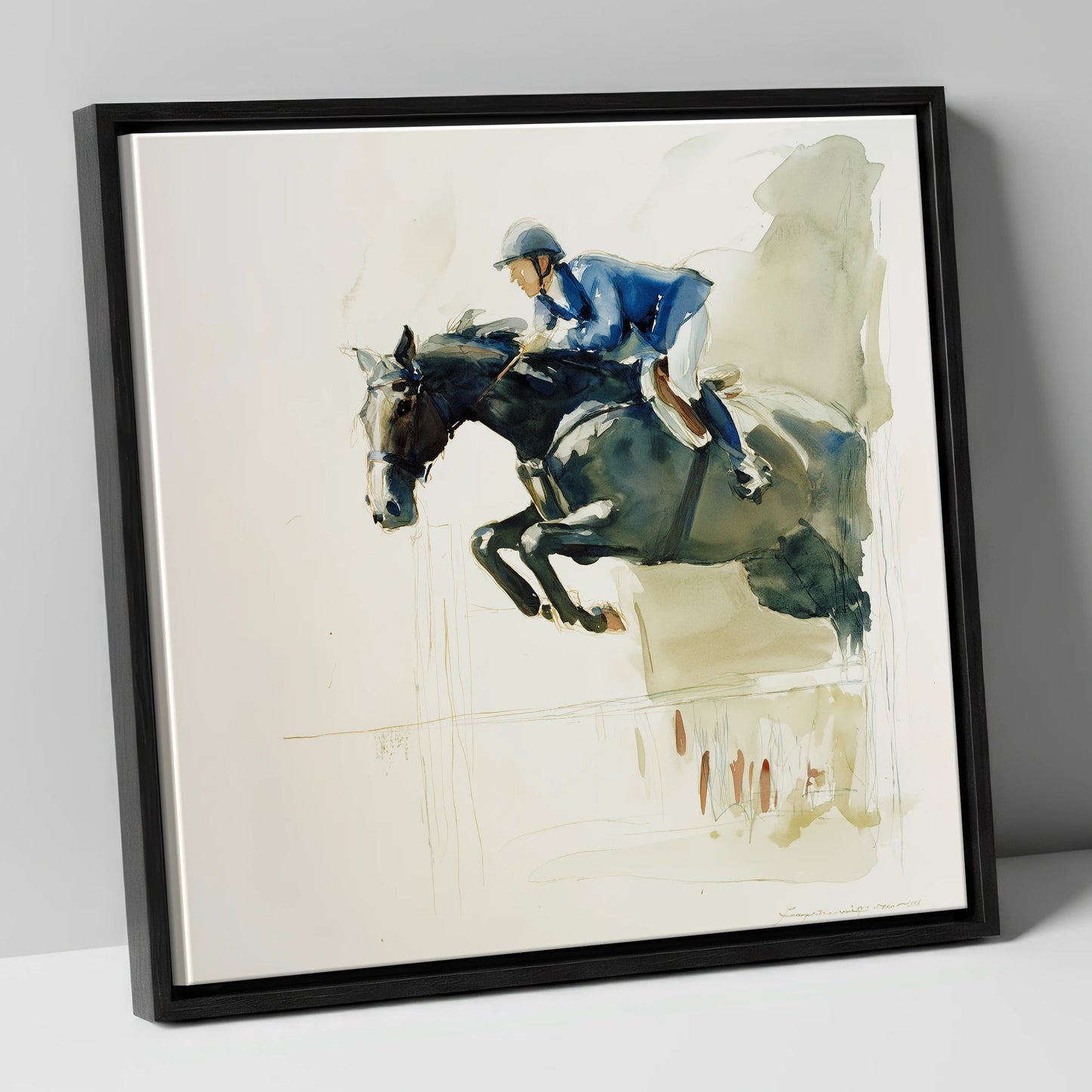 Suspended Grace show jumping horse canvas wall art in black frame