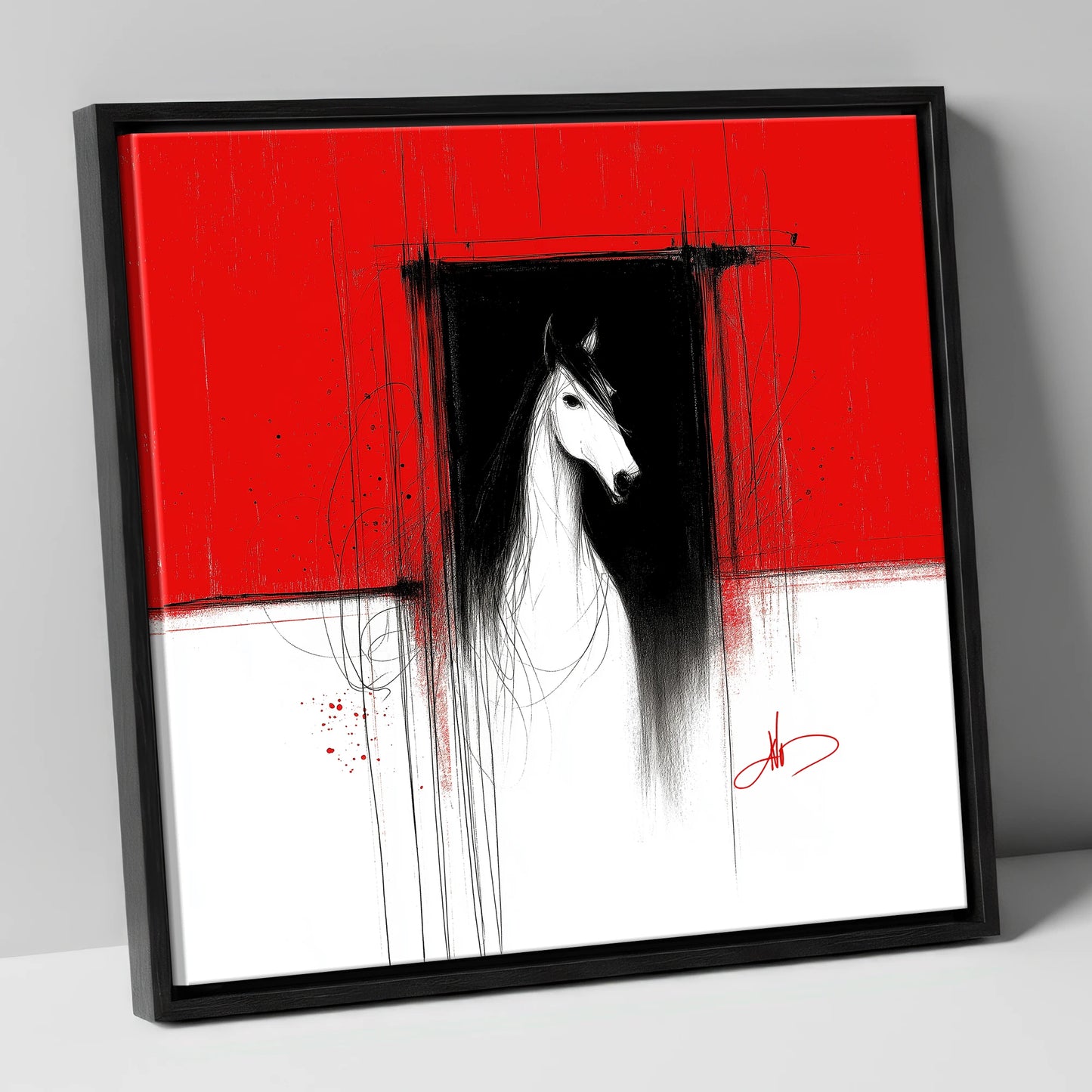 The Crimson Doorway horse stable canvas wall art in black frame