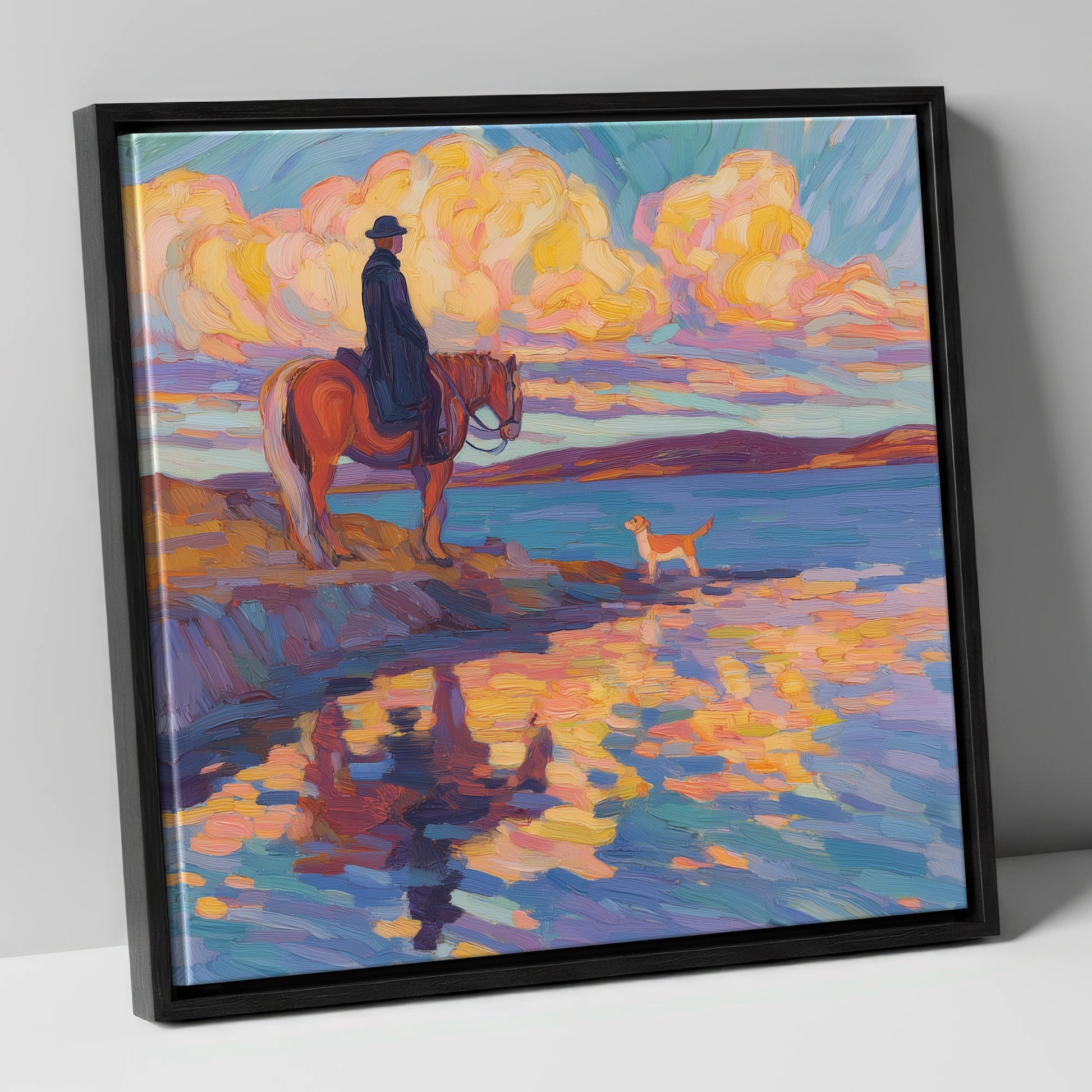 Evening Tide Halt beach horse canvas wall art in black frame