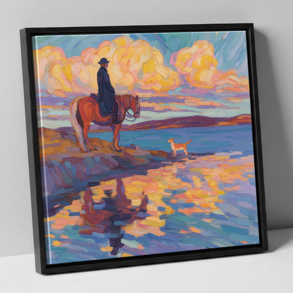 Evening Tide Halt beach horse canvas wall art in black frame
