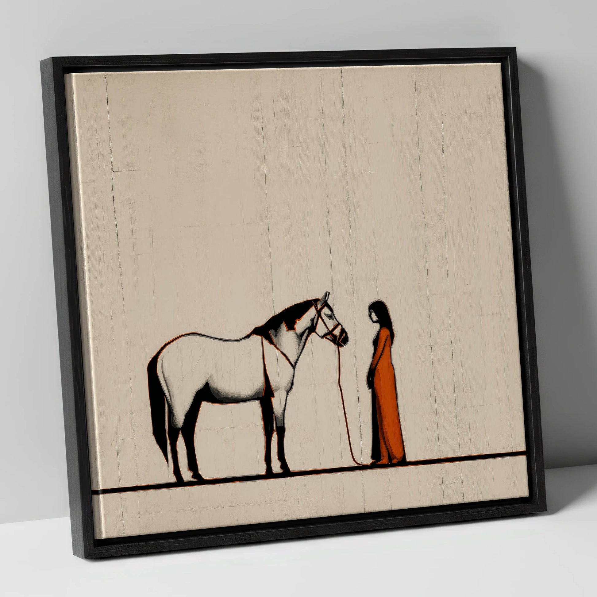 The Shared Silence horse & rider canvas wall art in black frame