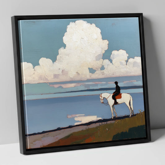 Coastal Contemplation beach horse canvas wall art in black frame