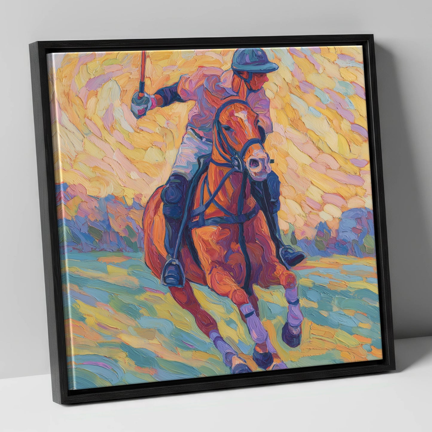 Vivid Polo Pursuit polo horse canvas wall art in black frame