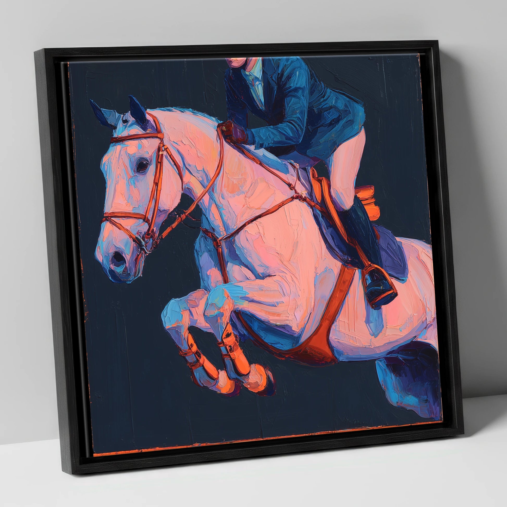 Vibrant Indigo Flight show jumping horse canvas wall art in black frame