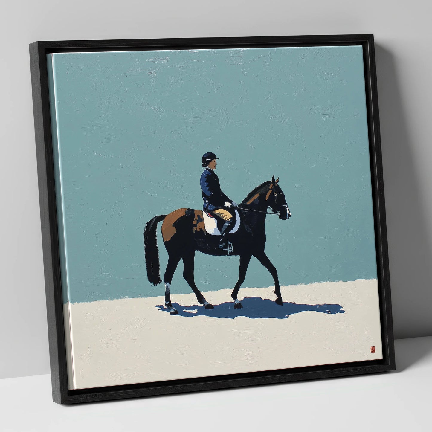 Serene Winter Dressage dressage horse canvas wall art in black frame