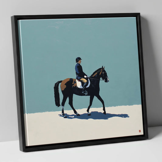 Serene Winter Dressage dressage horse canvas wall art in black frame