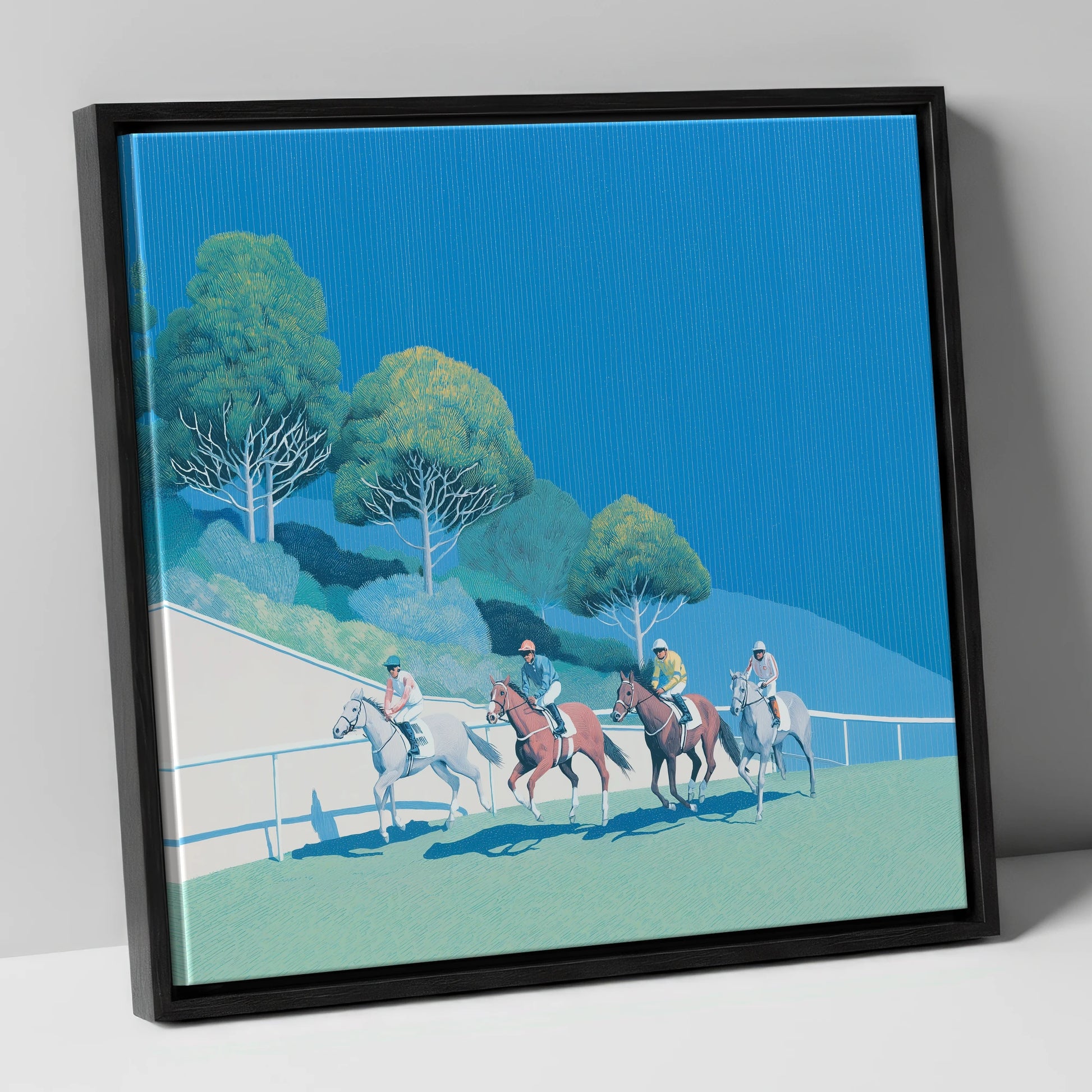 The Cerulean Sprint racing horse canvas wall art in black frame