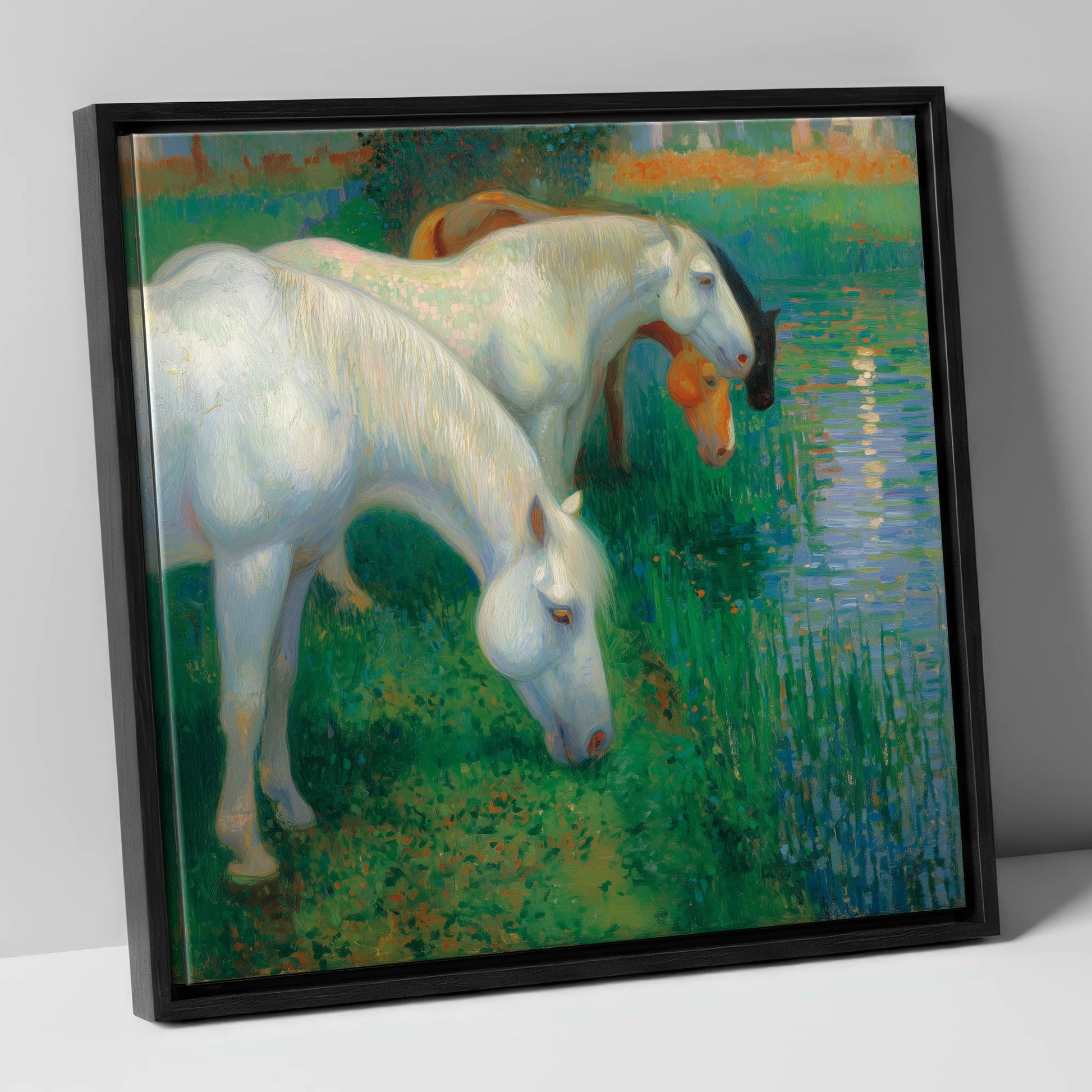 Luminous Riverside Grazing horse landscape canvas wall art in black frame