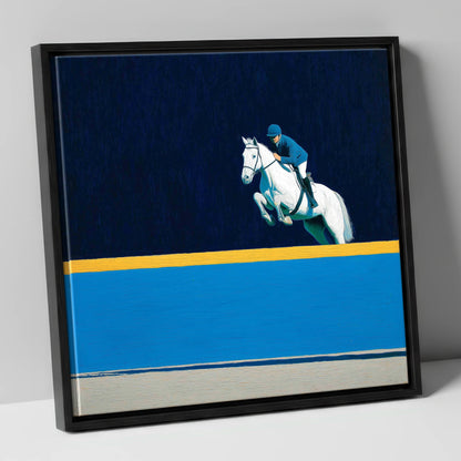 Airborne Over Azure show jumping horse canvas wall art in black frame