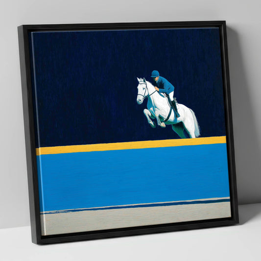 Airborne Over Azure show jumping horse canvas wall art in black frame