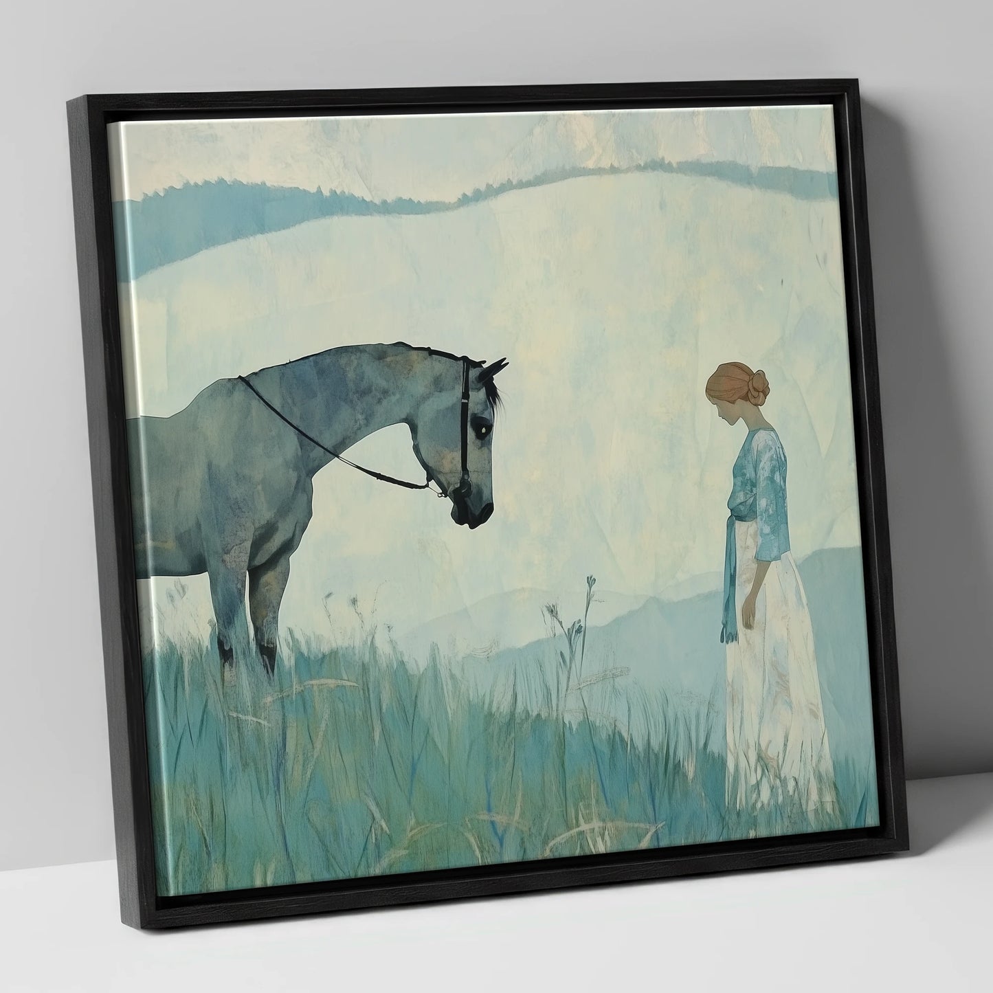 Gentle Regard horse & rider canvas wall art in black frame