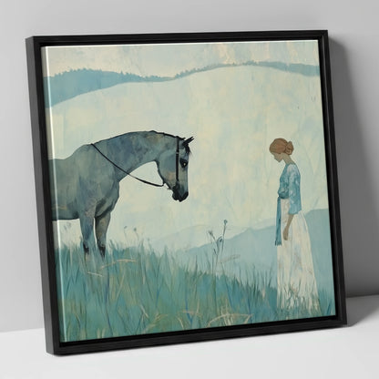 Gentle Regard horse & rider canvas wall art in black frame