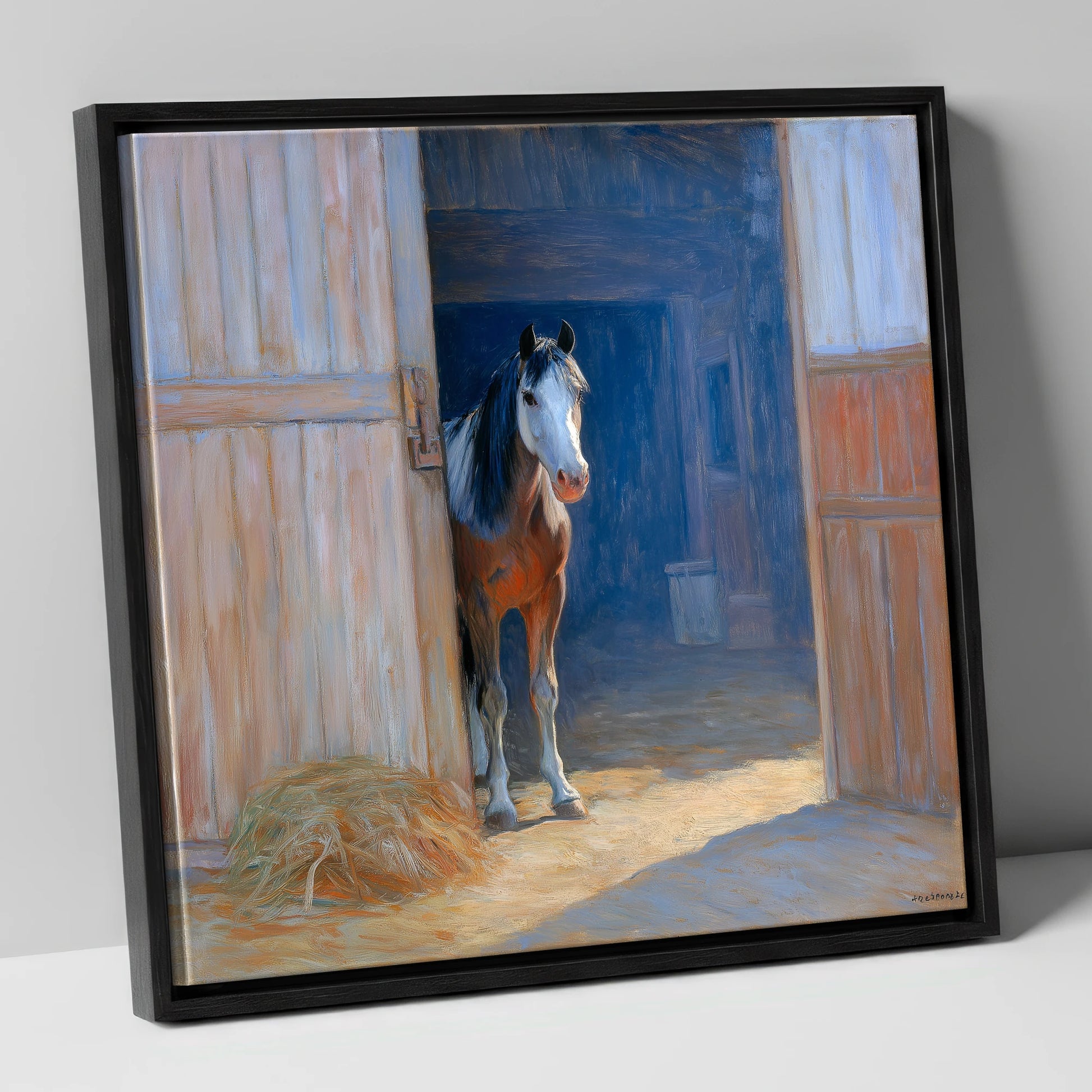 Sunlit Barn Doorway horse stable canvas wall art in black frame