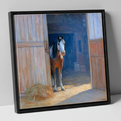 Sunlit Barn Doorway horse stable canvas wall art in black frame