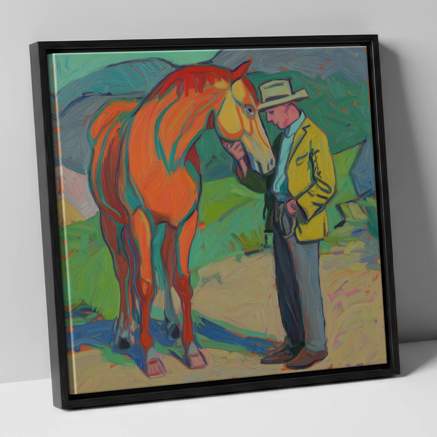 Vibrant Companionship horse & rider canvas wall art in black frame