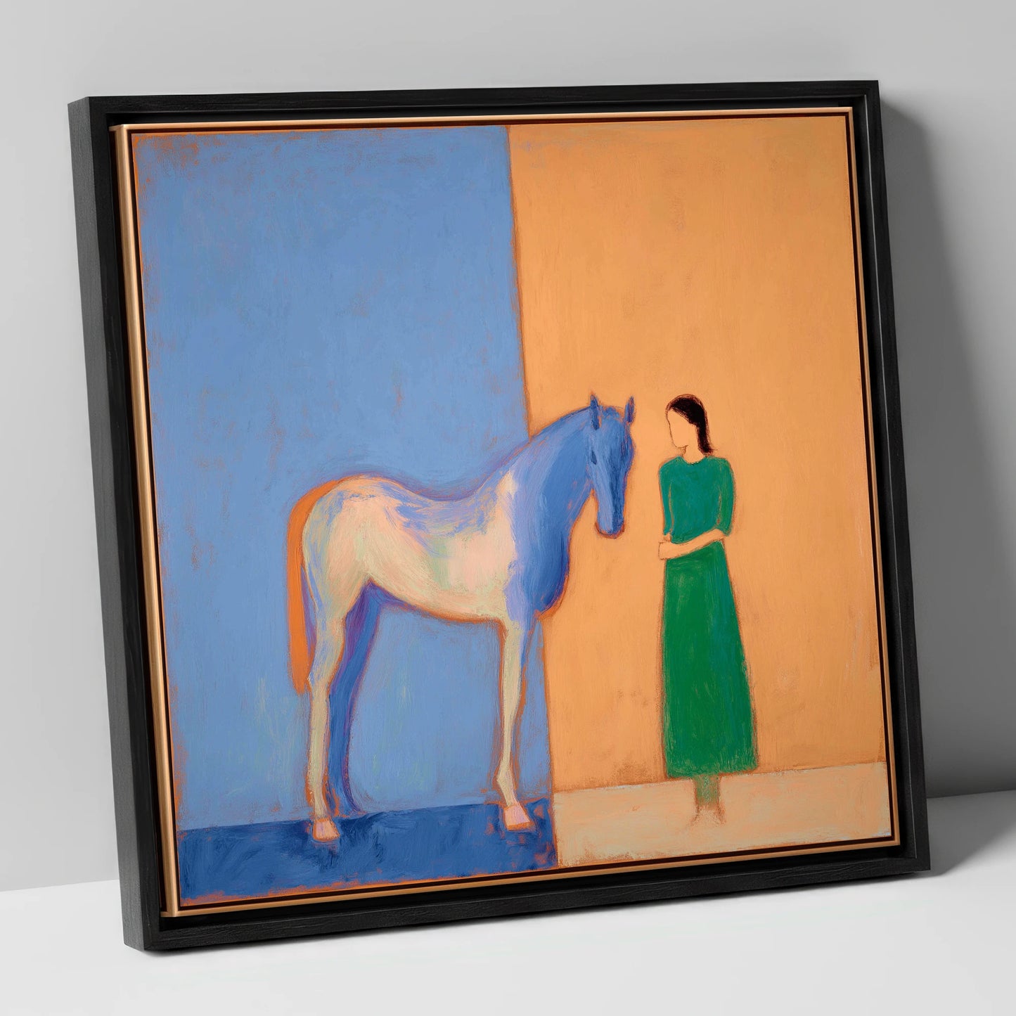 The Silent Bond horse & rider canvas wall art in black frame