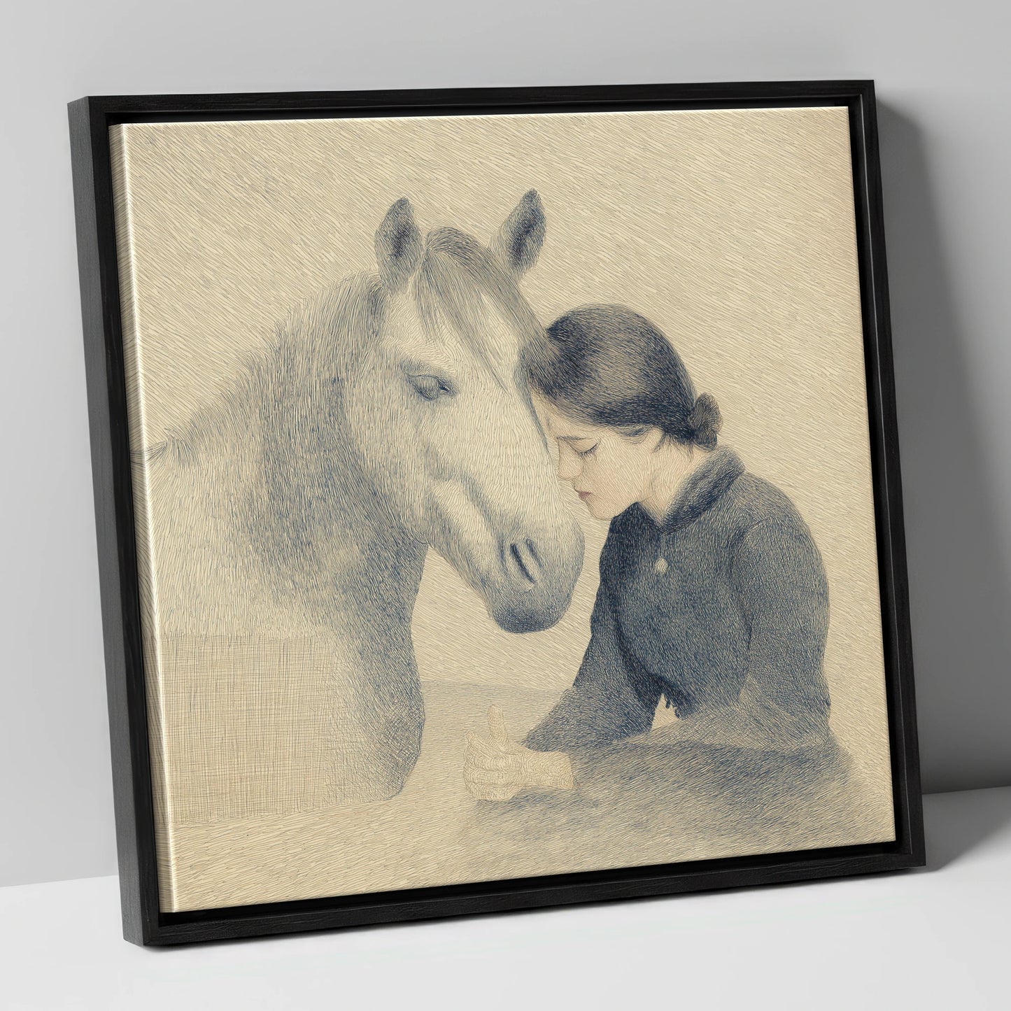 The Silent Bond horse & rider canvas wall art in black frame