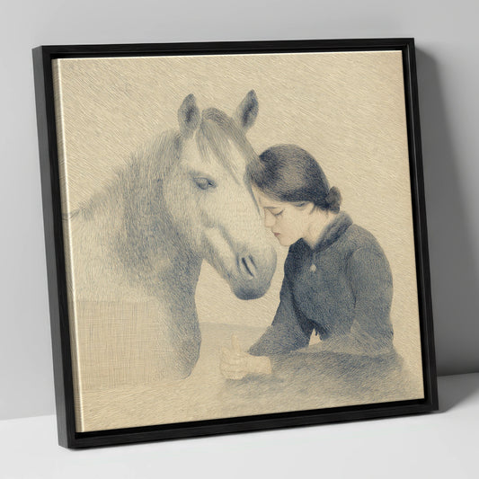Grey Horse and Woman in Navy horse & rider canvas wall art in black frame