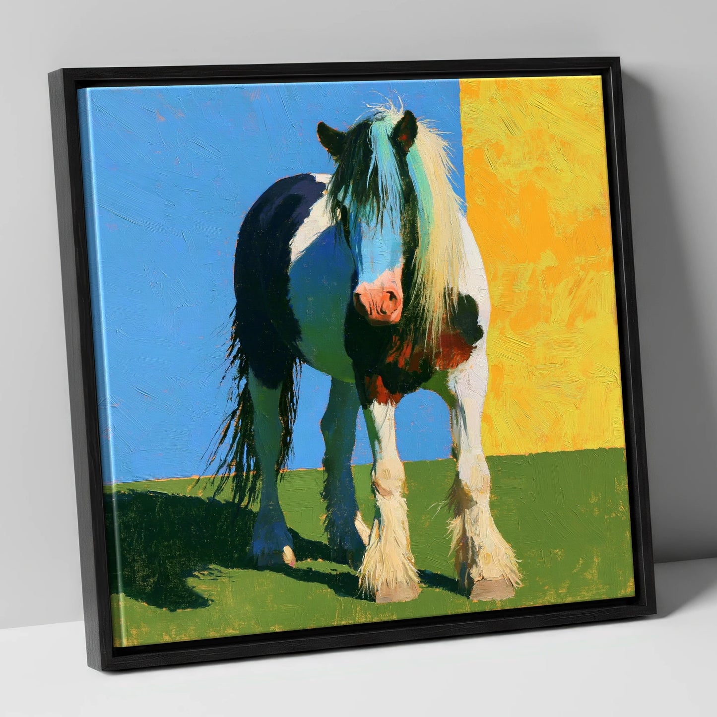 Piebald Cob in Vibrant Sun horse breed canvas wall art in black frame