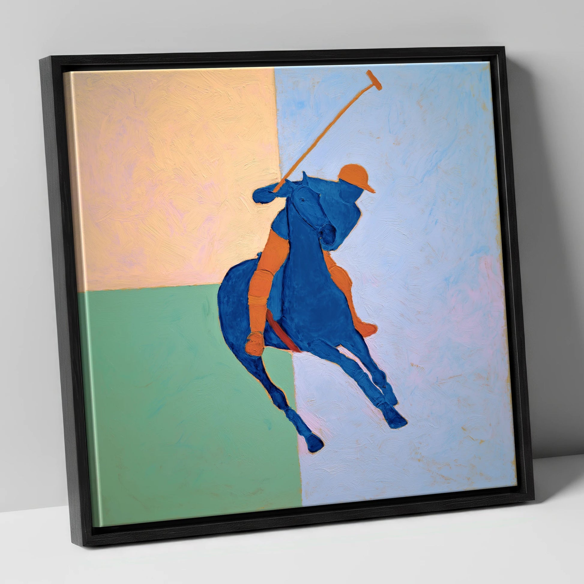 Cobalt Polo Swing polo horse canvas wall art in black frame