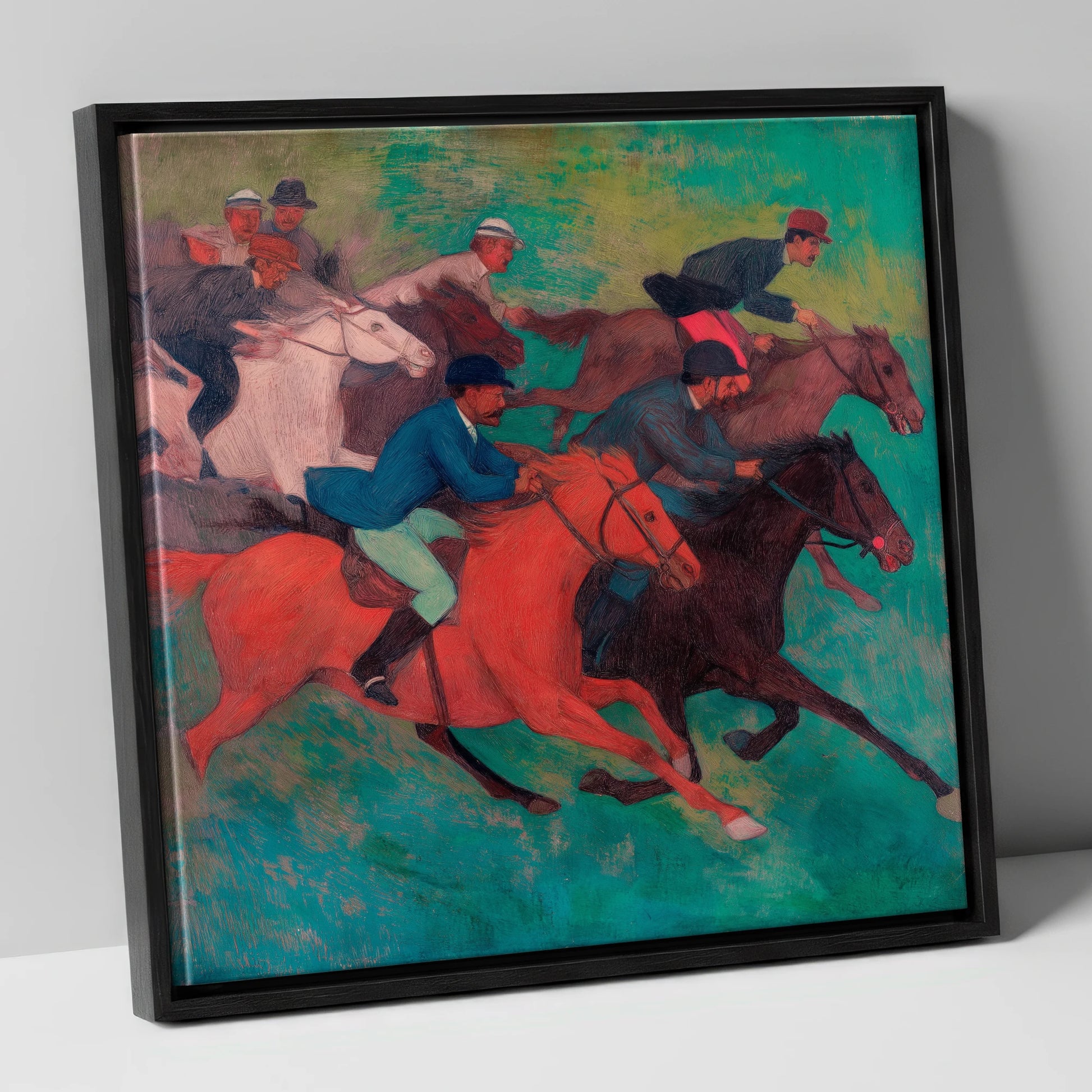 The Crimson Stride racing horse canvas wall art in black frame