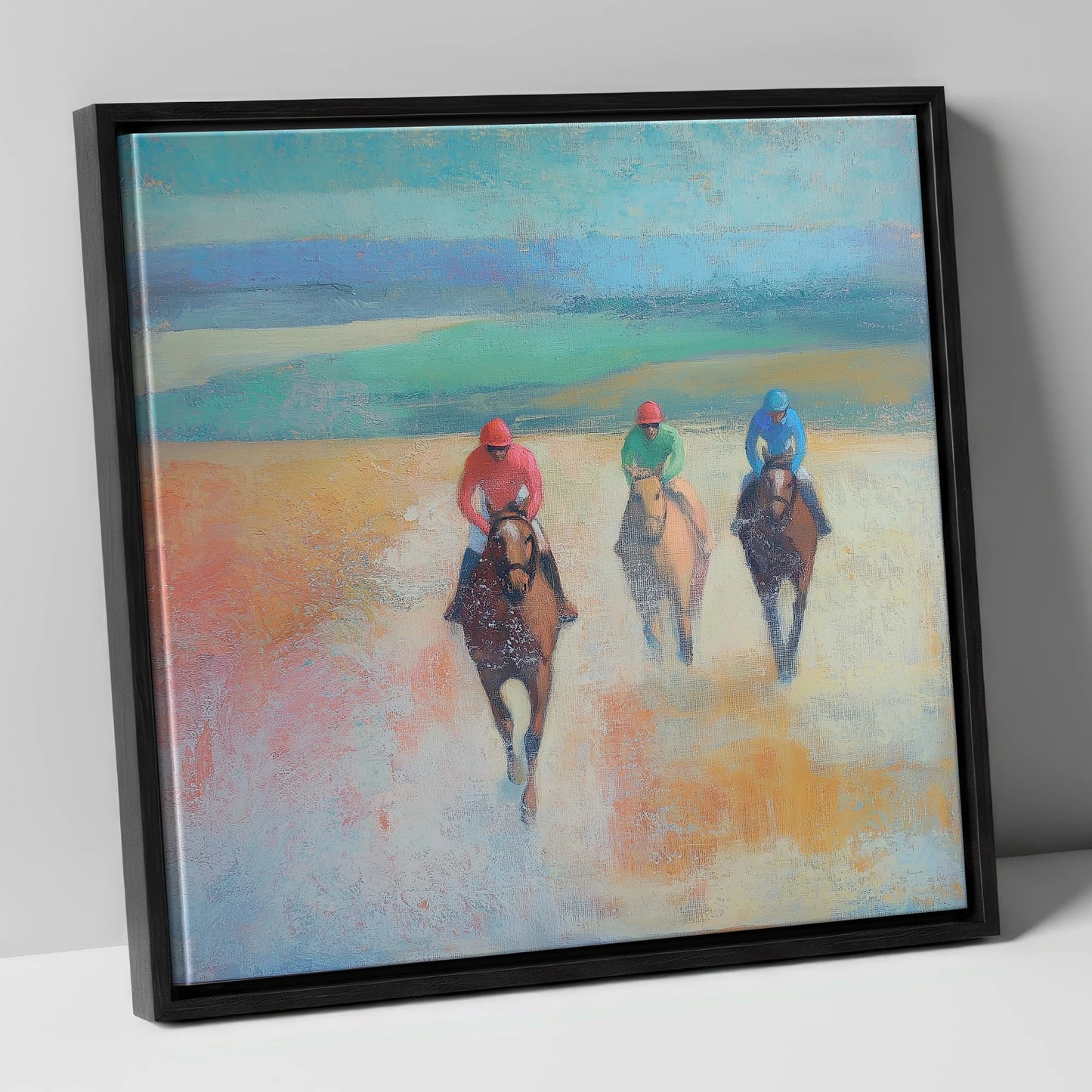Dawn on the Gallops racing horse canvas wall art in black frame