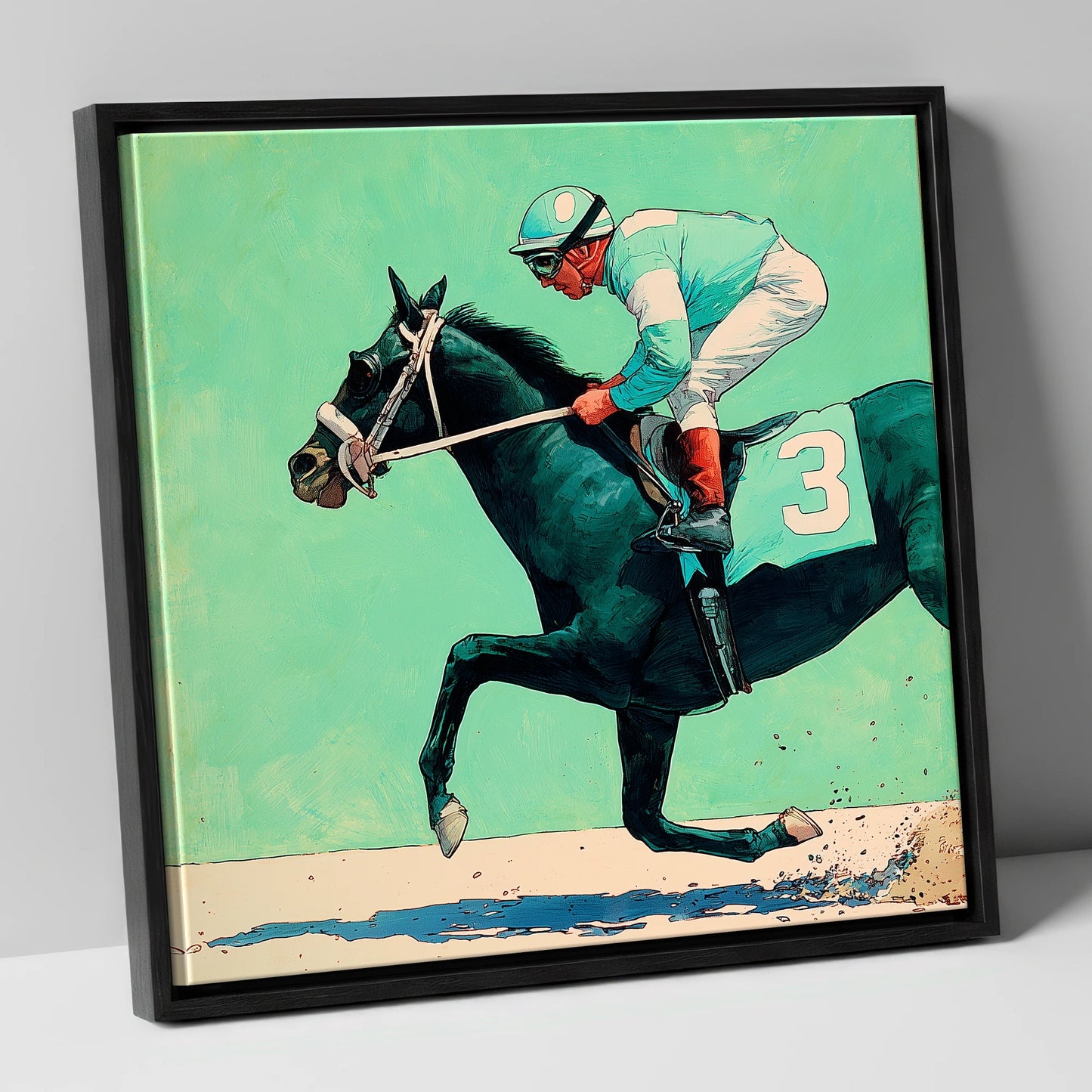 The Teal Flyer racing horse canvas wall art in black frame