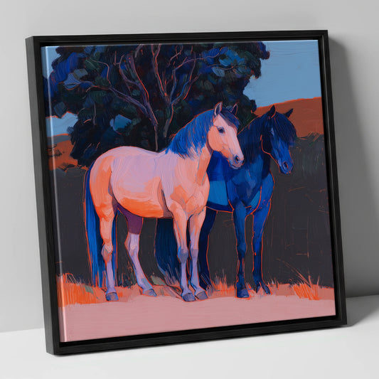 Contrasting Companions horse landscape canvas wall art in black frame