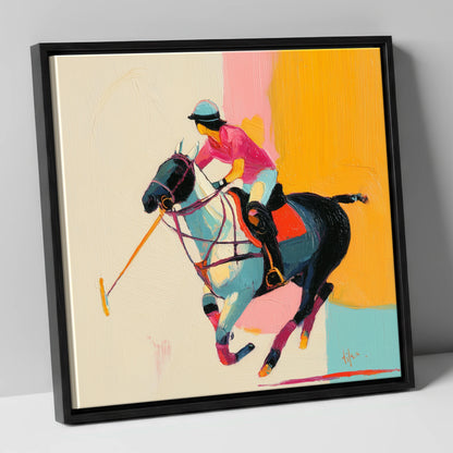 Vibrant Polo Strike polo horse canvas wall art in black frame