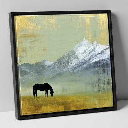 Gilded Mountain Solitude horse landscape canvas wall art in black frame