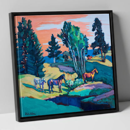Vibrant Summer Pastures horse landscape canvas wall art in black frame