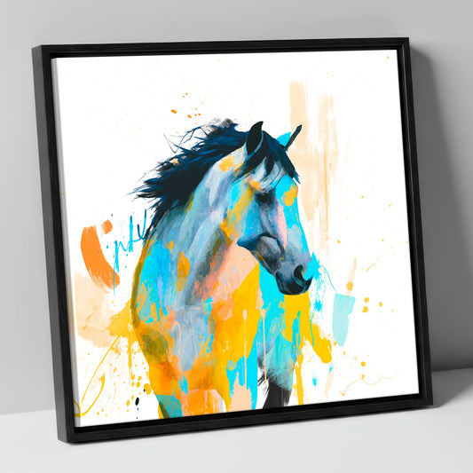 Teal and Amber Splendour horse portrait canvas wall art in black frame