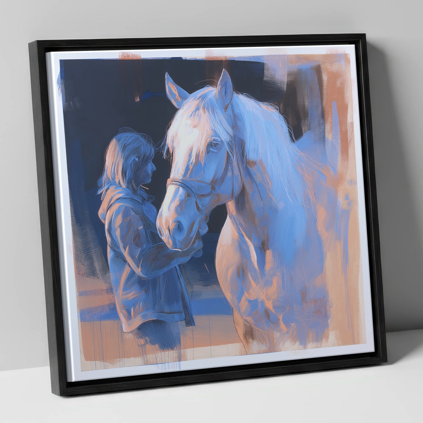 The Cobalt Bond horse & rider canvas wall art in black frame