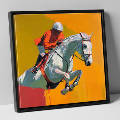 Airborne Over Gold show jumping horse canvas wall art in black frame