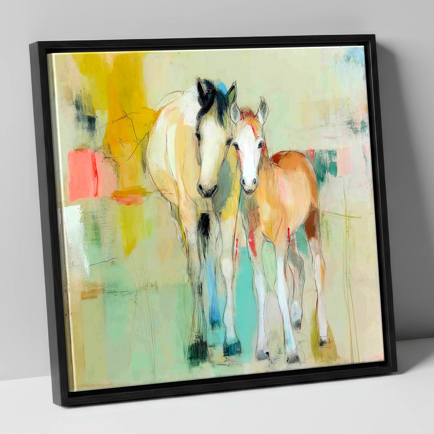 Gentle Nurture mare & foal canvas wall art in black frame