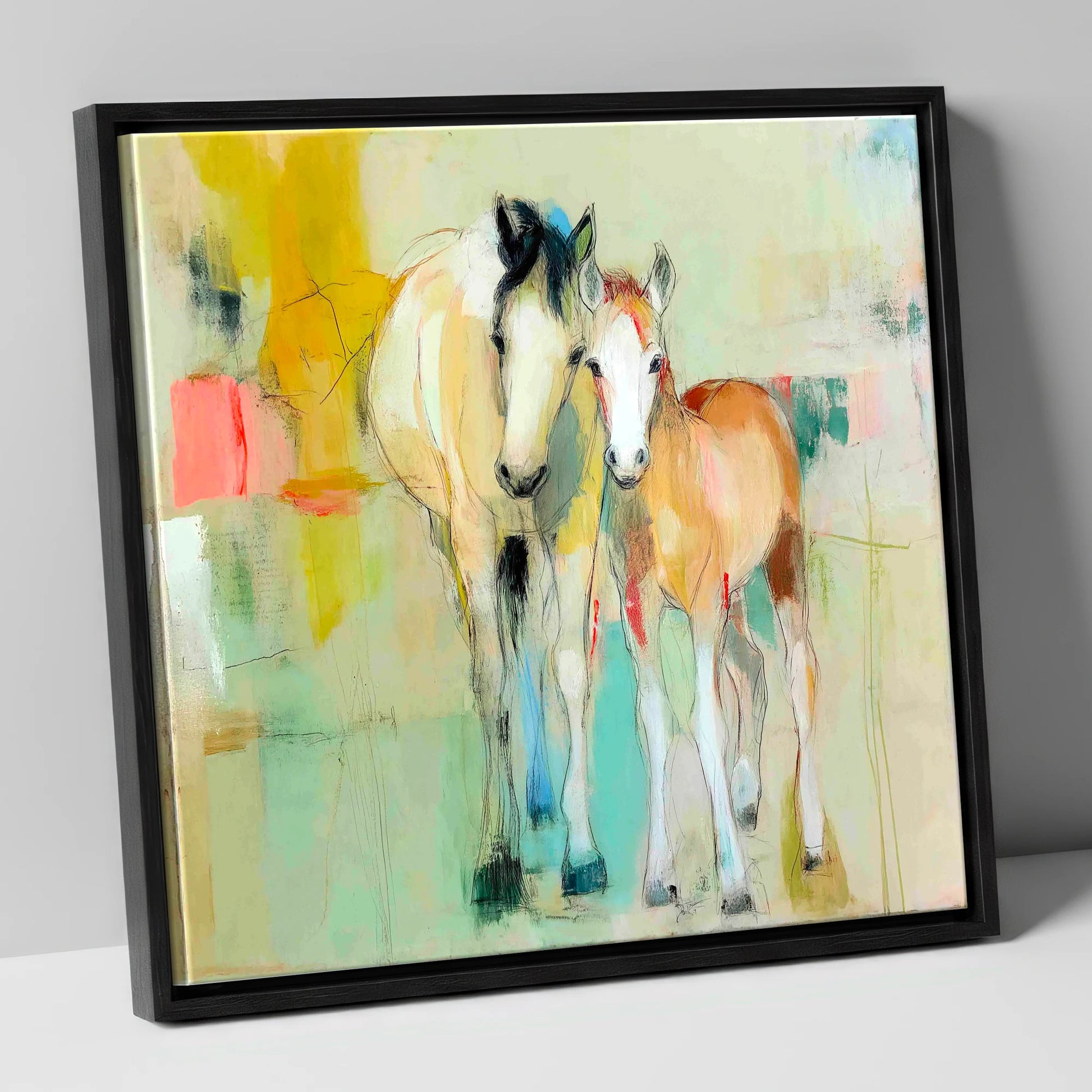 Gentle Nurture mare & foal canvas wall art in black frame