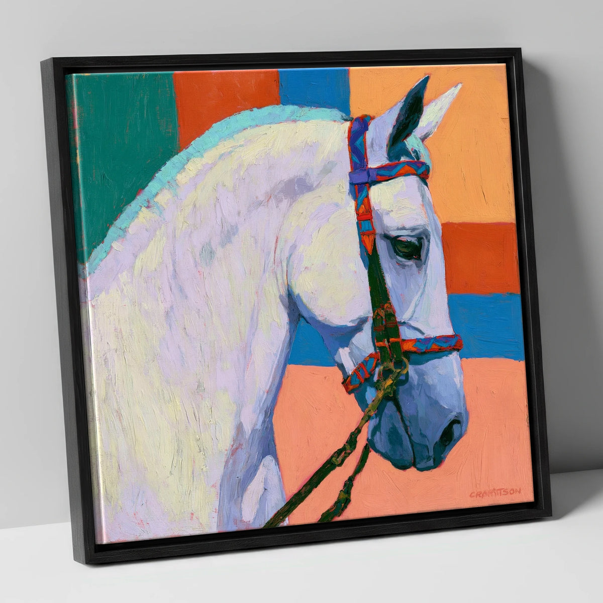 Grey Horse With Patterned Bridle horse breed canvas wall art in black frame