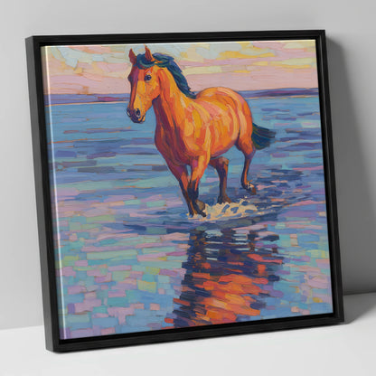Sunset Shallows Stride beach horse canvas wall art in black frame