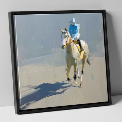 Sunlit Racing Grey racing horse canvas wall art in black frame