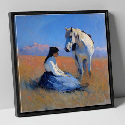 Golden Hour Companions horse & rider canvas wall art in black frame