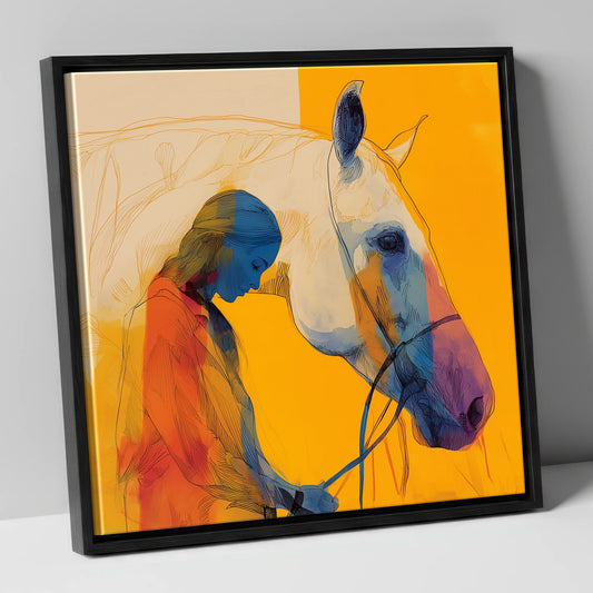 Vibrant Horse and Handler Profile horse & rider canvas wall art in black frame