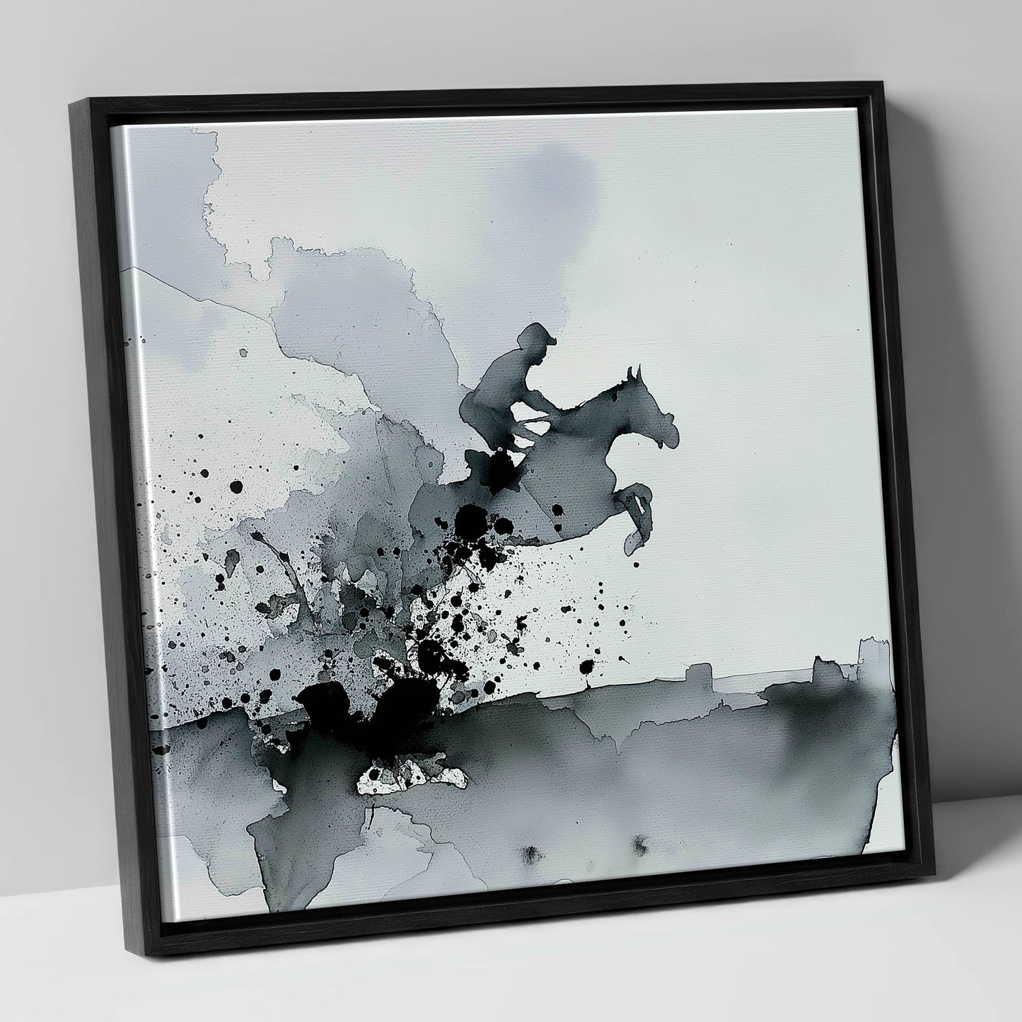 Monochrome Momentum show jumping horse canvas wall art in black frame