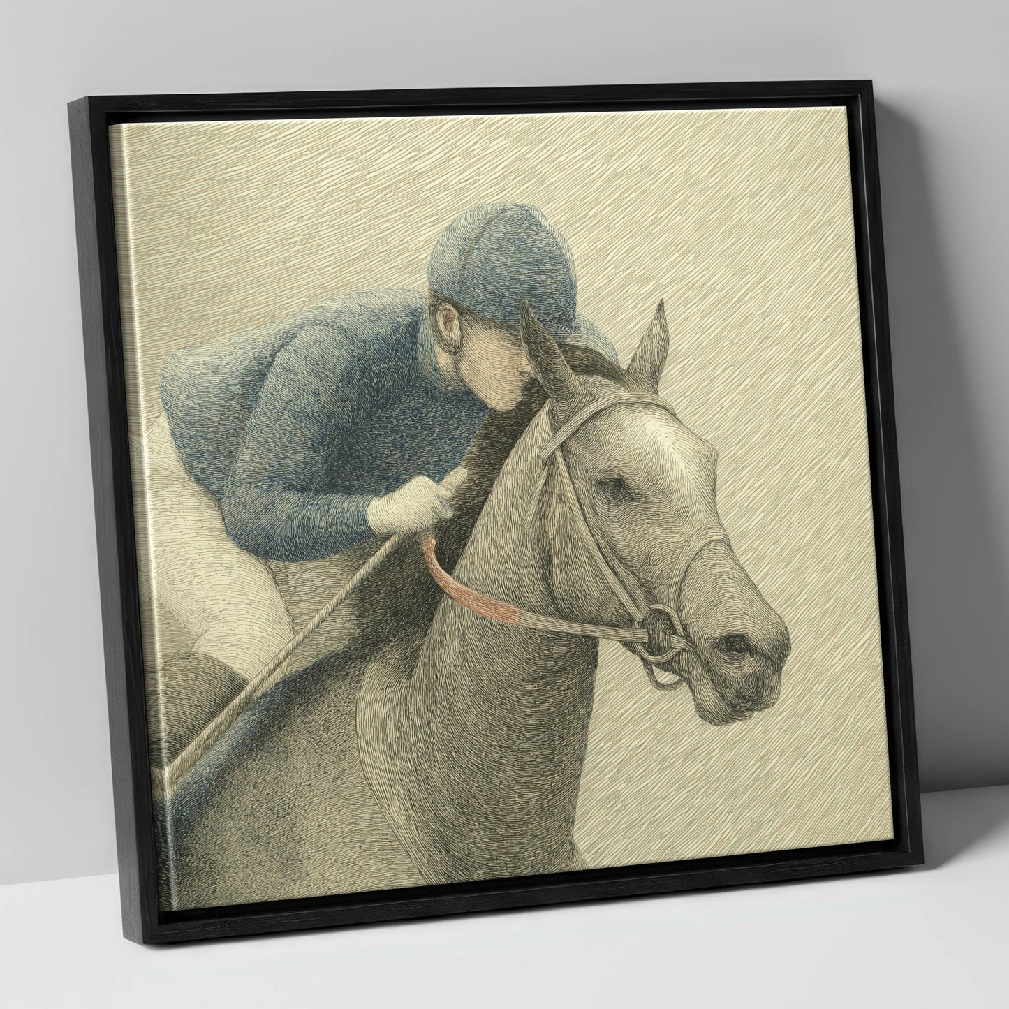 Focused Pursuit racing horse canvas wall art in black frame