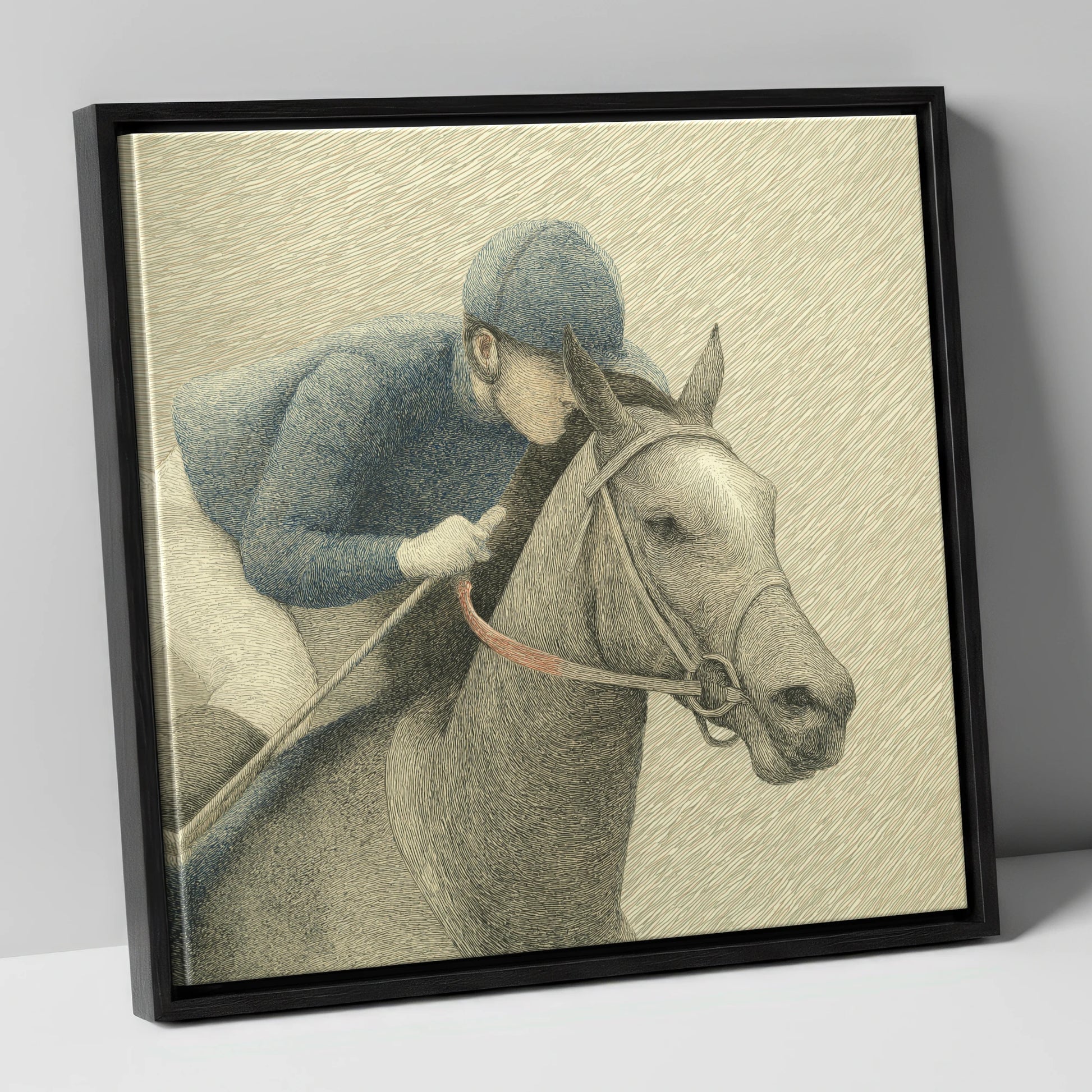 Focused Pursuit racing horse canvas wall art in black frame