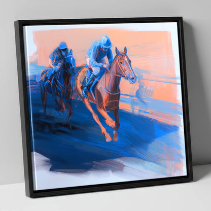 The Blue Furlong racing horse canvas wall art in black frame