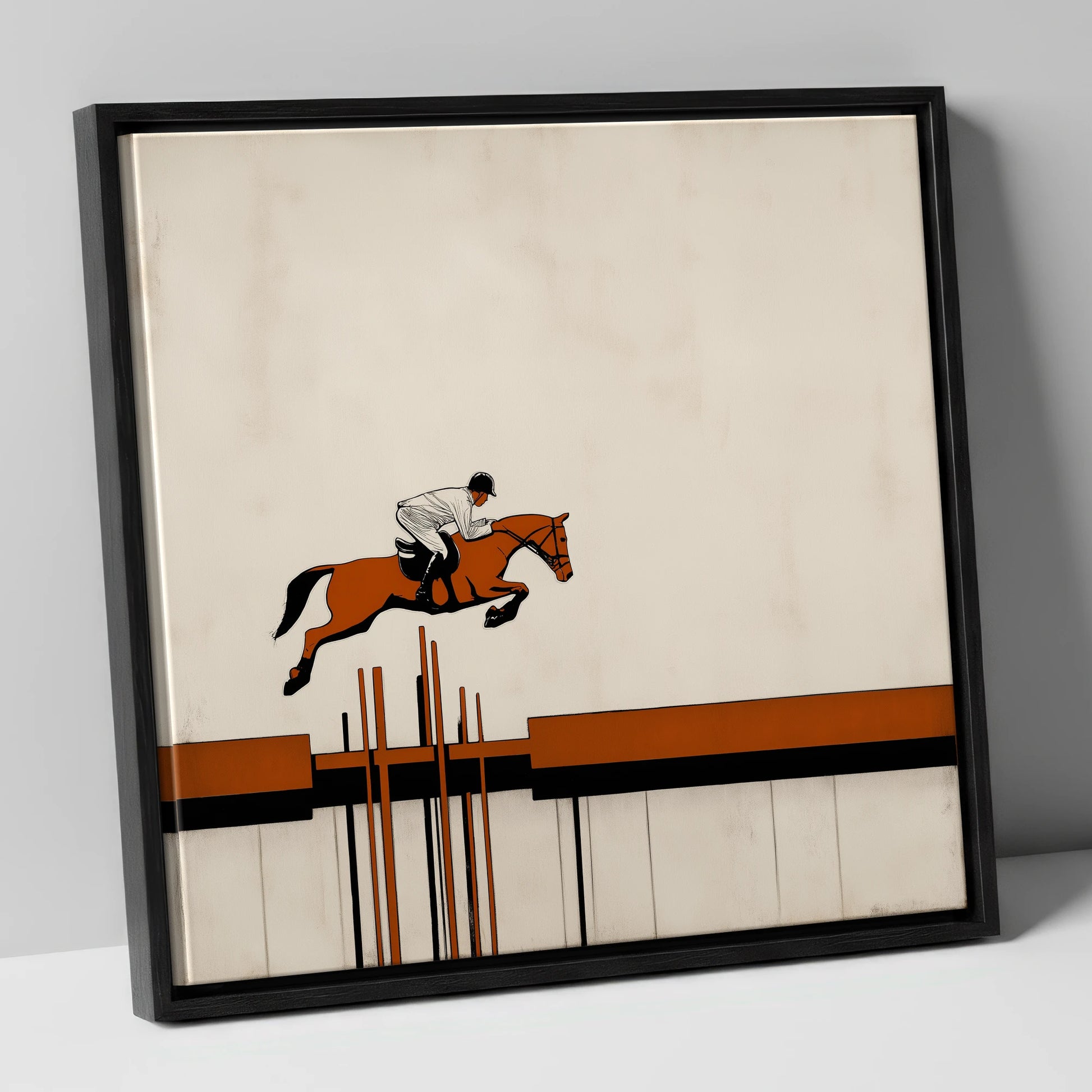 The Modernist Leap show jumping horse canvas wall art in black frame