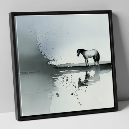 Stillness in Grey horse landscape canvas wall art in black frame